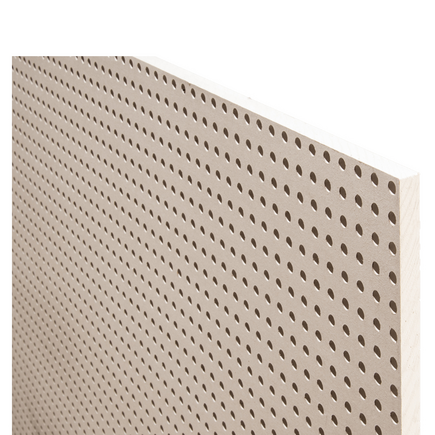 Protektor LaCoustic Comfort 8/18 RL, D/GKB (Akustik-Lochgipsplatte mit gelochtem Rand mit 4x angeschrägter Cross-Cutter-Kante für die Verlegung in Spachteltechnik im Trockenbau. In der Standard-Ausführung mit schwarzem Faservlies.)