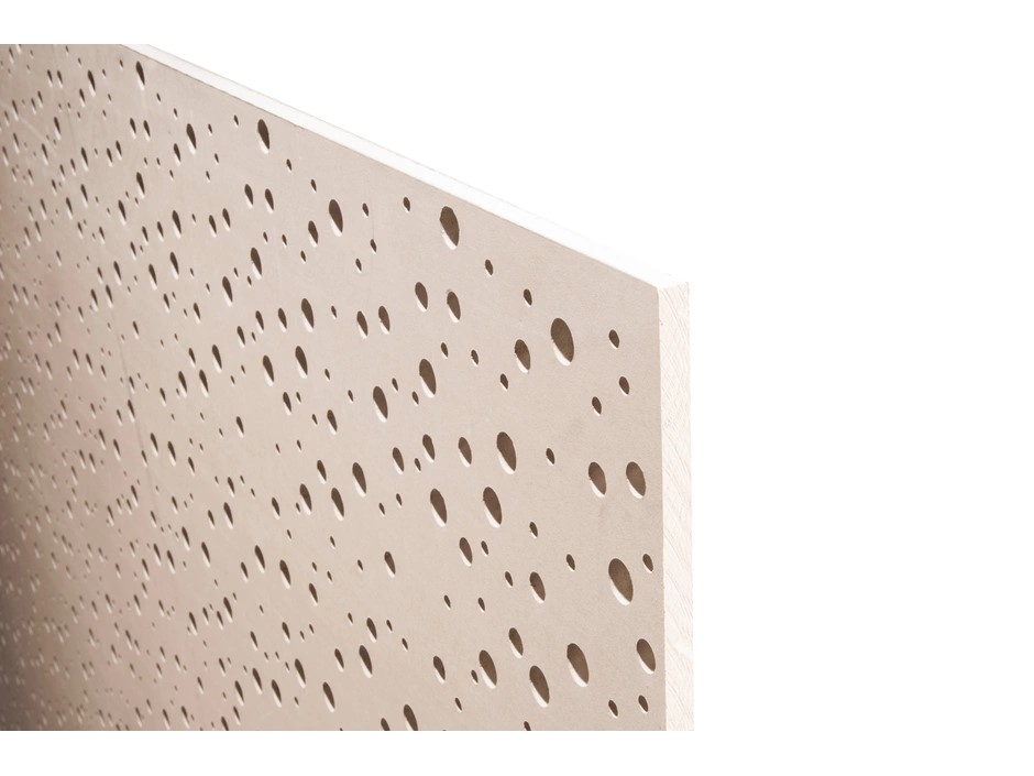 Protektor LaCoustic Comfort 8/15/20S, D/GKB (Akustik-Lochgipsplatte mit gelochtem Rand mit 4x angeschrägter Cross-Cutter-Kante für die Verlegung in Spachteltechnik im Trockenbau. In der Standard-Ausführung mit schwarzem Faservlies.)