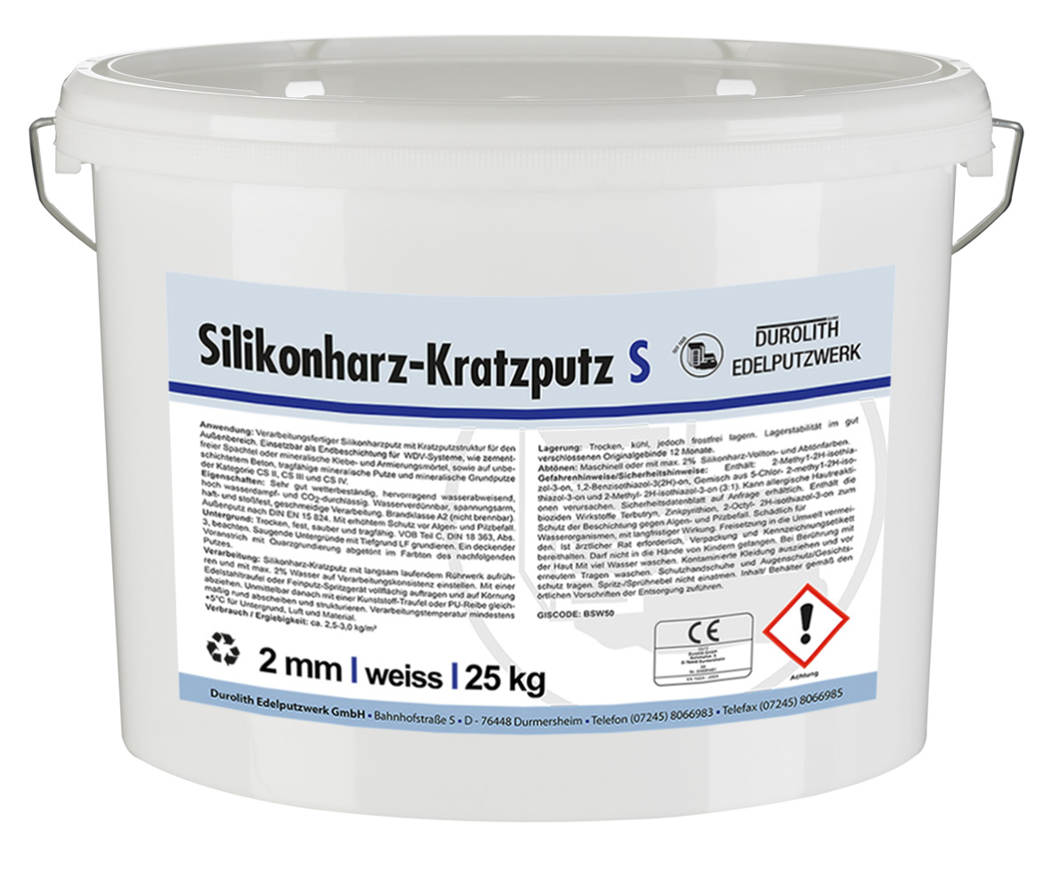 Vollabrieb ( Silikonharz Kratzputz ) Durolith weiss 2mm ; 1 Eimer à 25 kg ; 1 Pal. à 24 Eimer